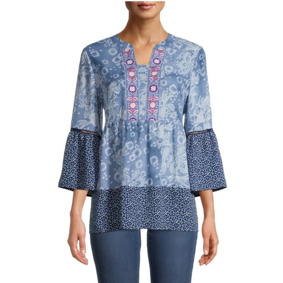 $25/both! Pioneer Woman pull-on denim pant with lace hem and embroidered tunic - Picture 2 of 9